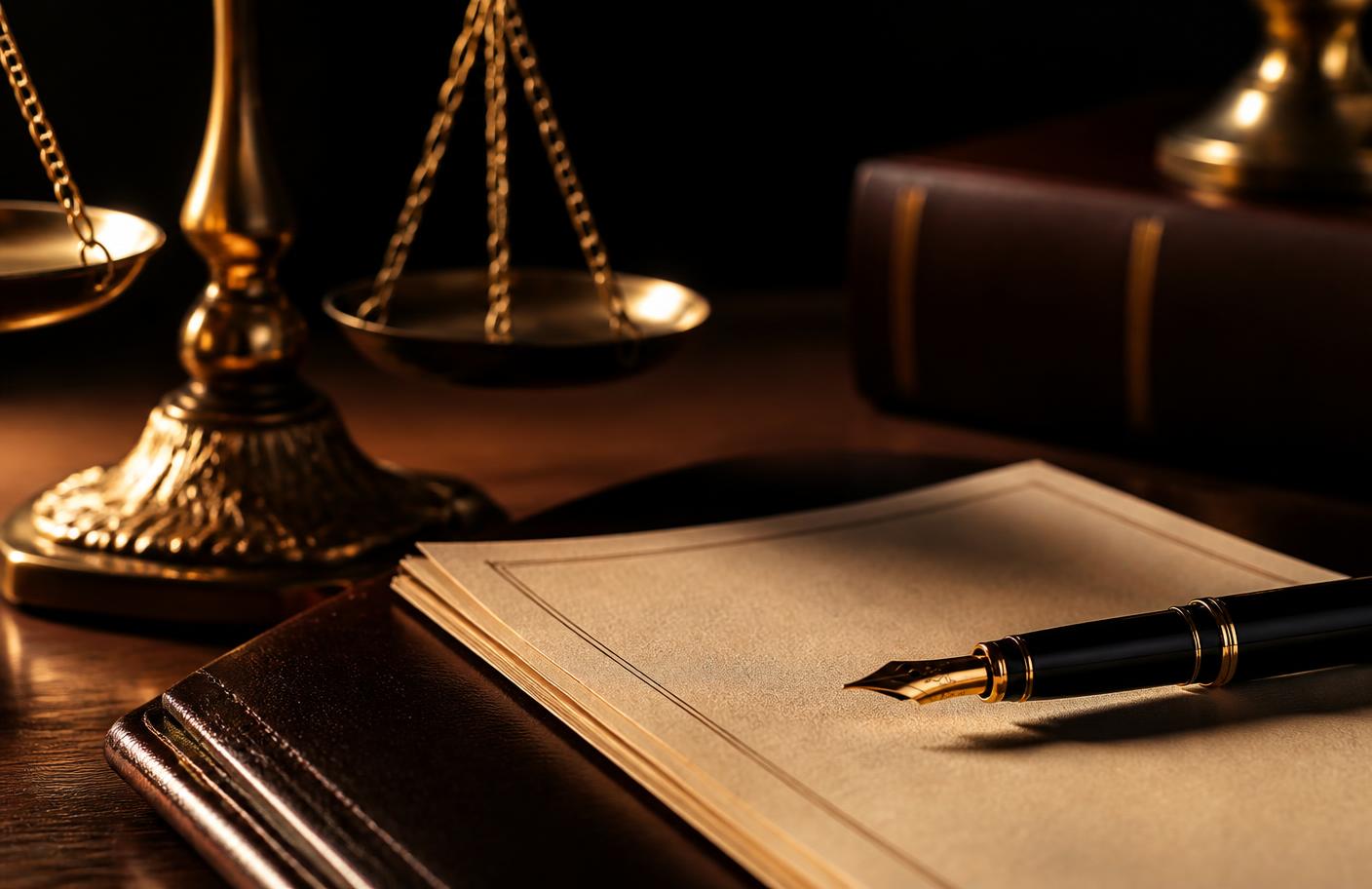 Pluma sobre un contrato junto a una balanza de la justicia